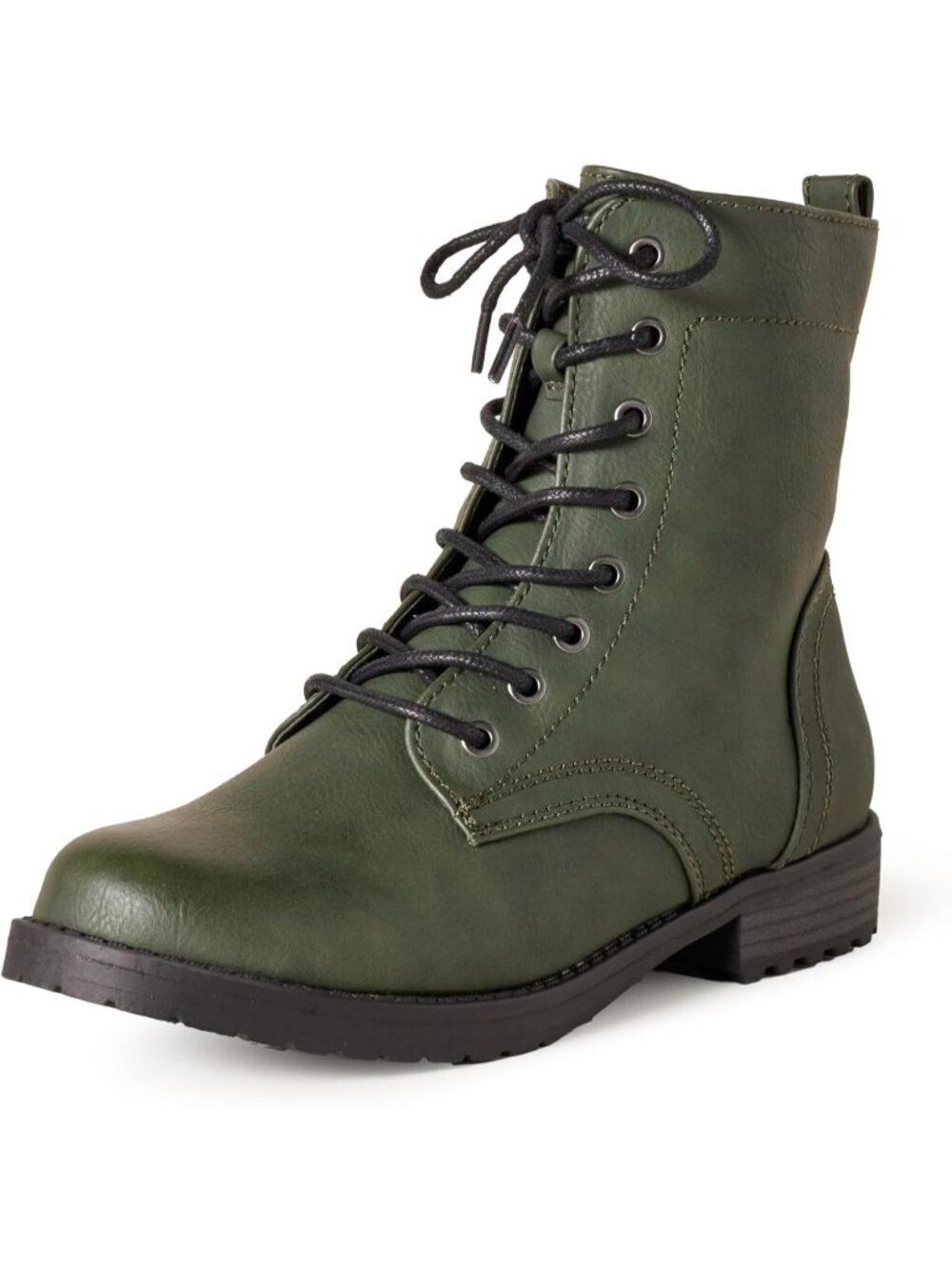 Women's Green Lace Up Combat Side Zipper Lug Sole Faux Leather Ankle Boots